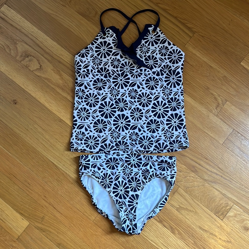 Lands’ End navy and white Tankini set